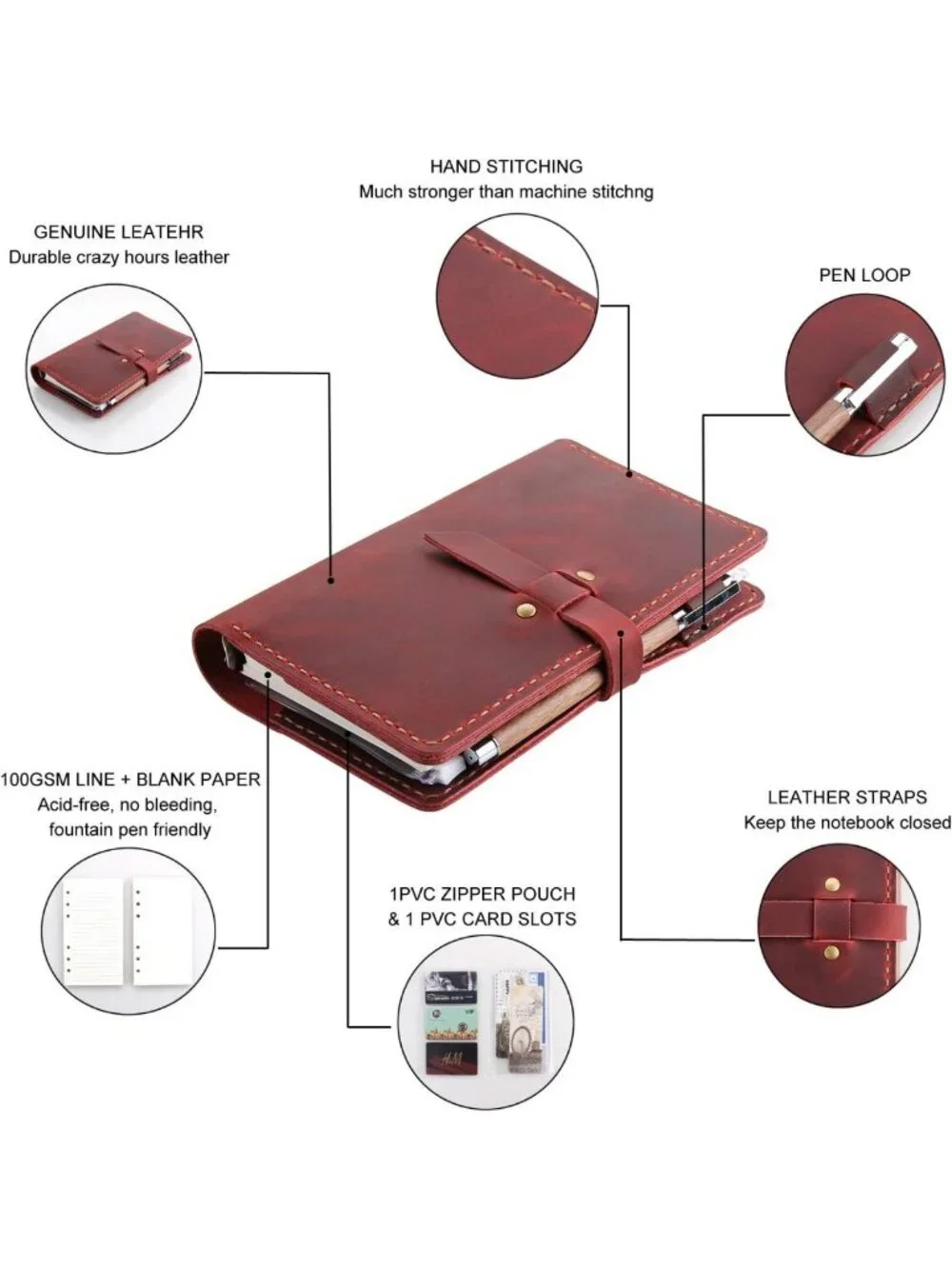 Vintage Genuine Leather A6 Journal Notebook, Refillable Ring Binder Diary